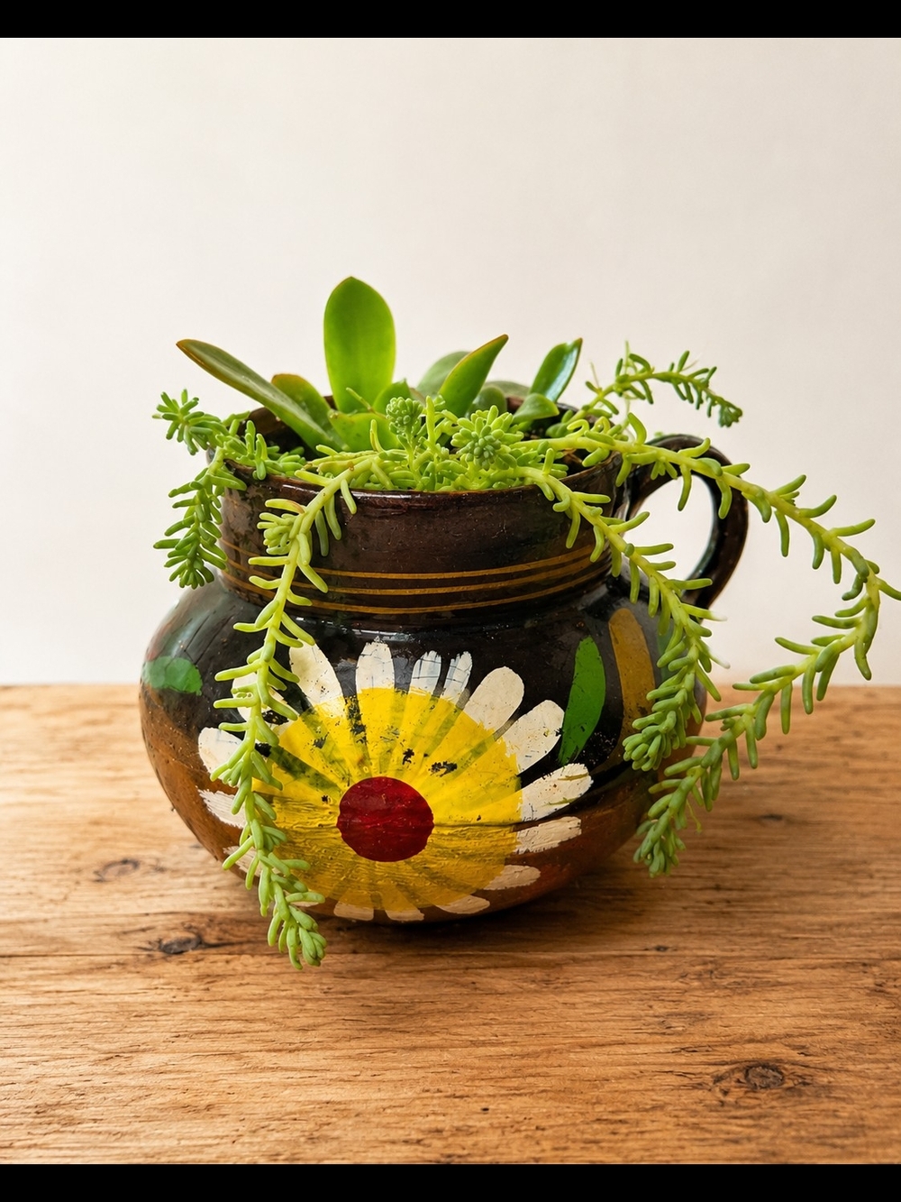 Hand Painted Floral Mexico Cup with Succulents – Rustic Boho Decor